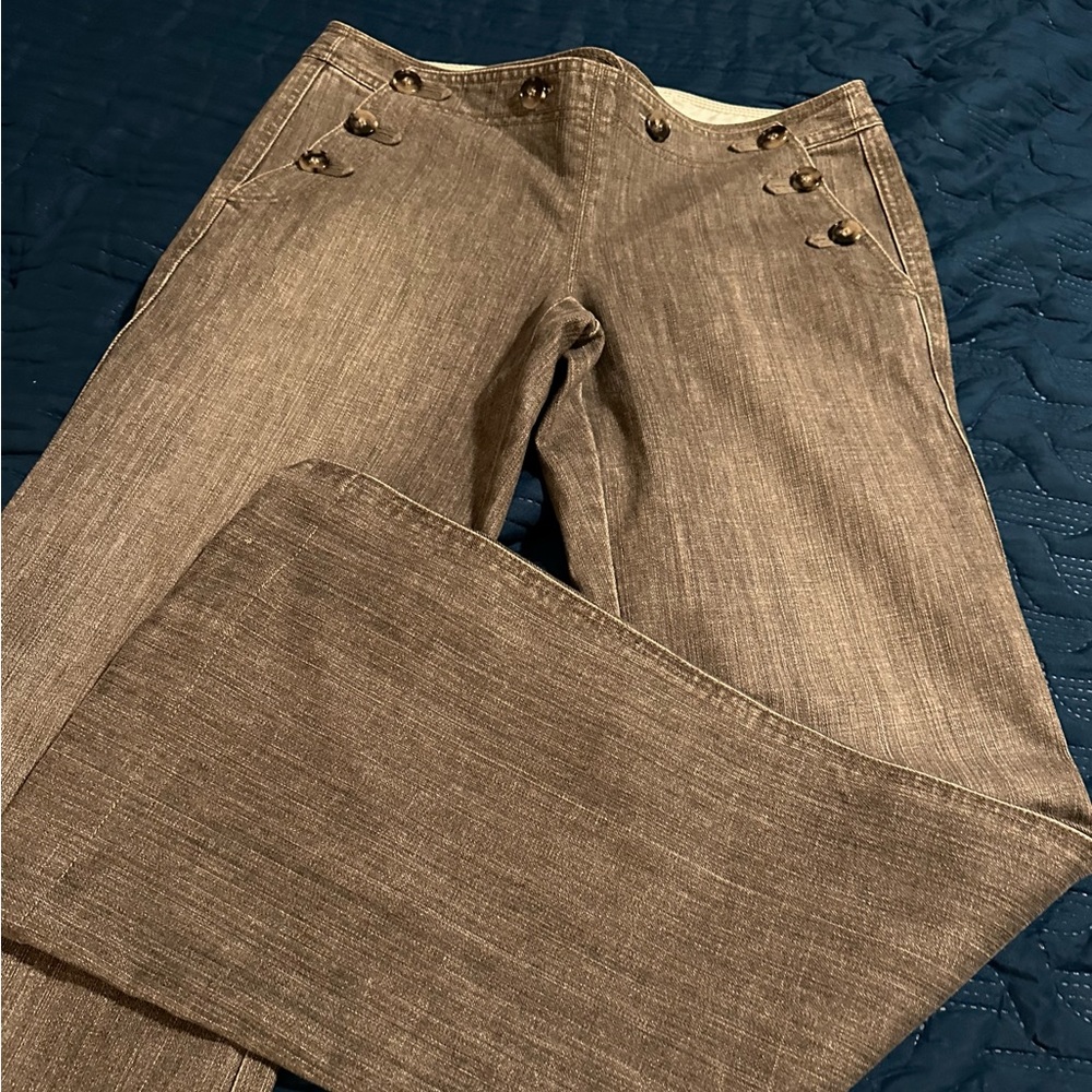 Theory brand sailor style wide, leg, jeans with button details